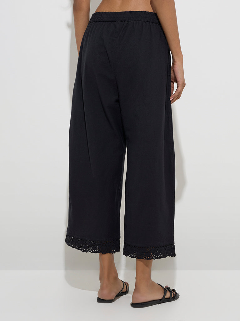 Utsa Black Crochet-Detailed Cotton Ethnic Pants