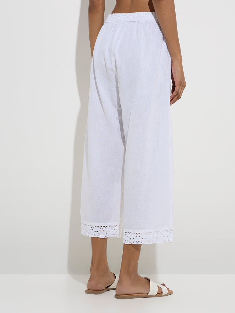 Utsa White Crochet-Detailed Cotton Ethnic Pants