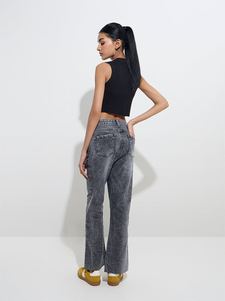 Nuon Grey Washed Straight-Fit High-Rise Jeans