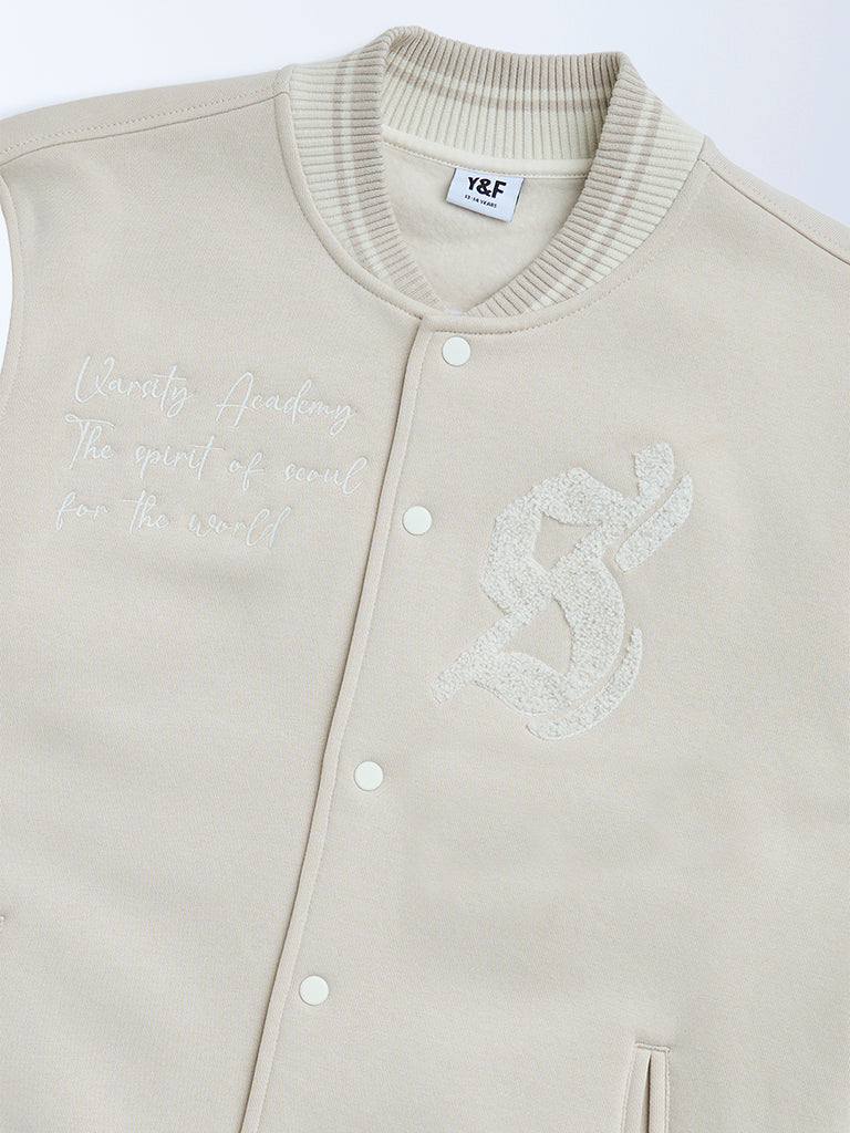 Y&F Kids Boys Beige Animal Printed Cotton-Blend Varsity Jacket