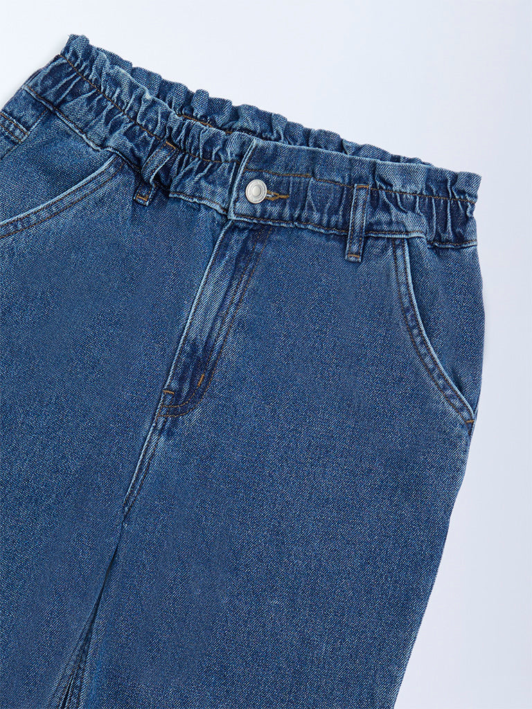 Y&F Kids Girls Light Blue Washed Straight-Fit High-Rise Jeans