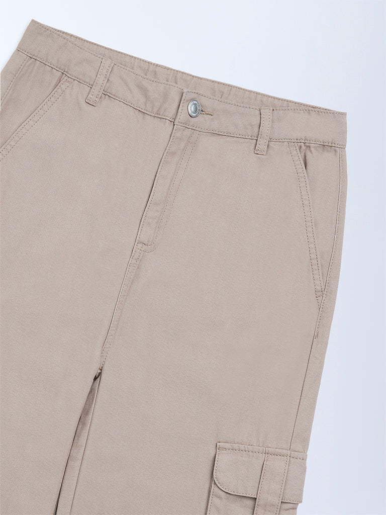 Y&F Kids Girls Beige Cargo-Style High-Rise Cotton Trousers