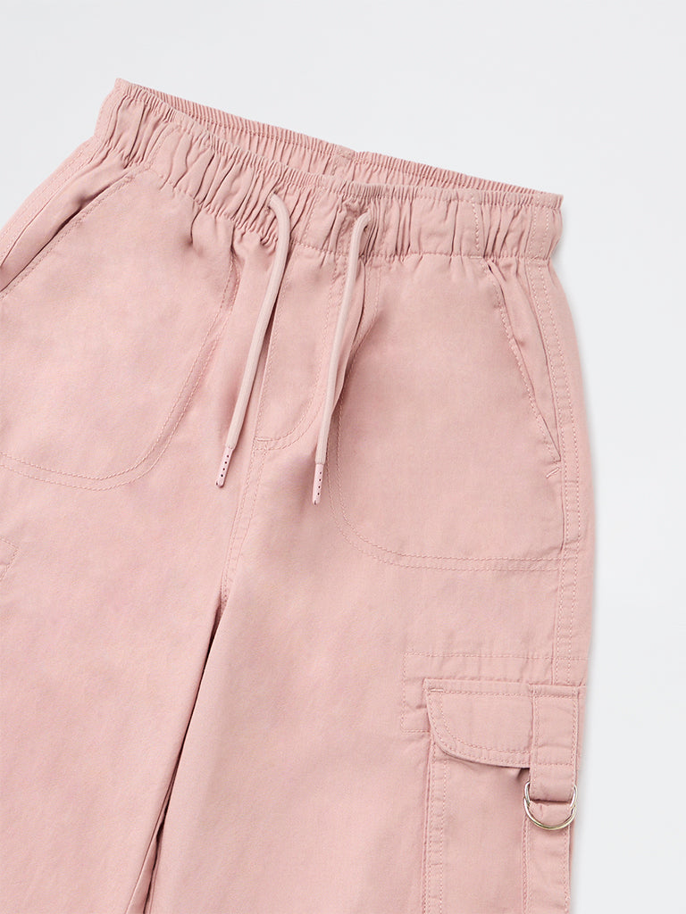 Y&F Kids Girls Pink Cargo-Style Mid-Rise Cotton Pants
