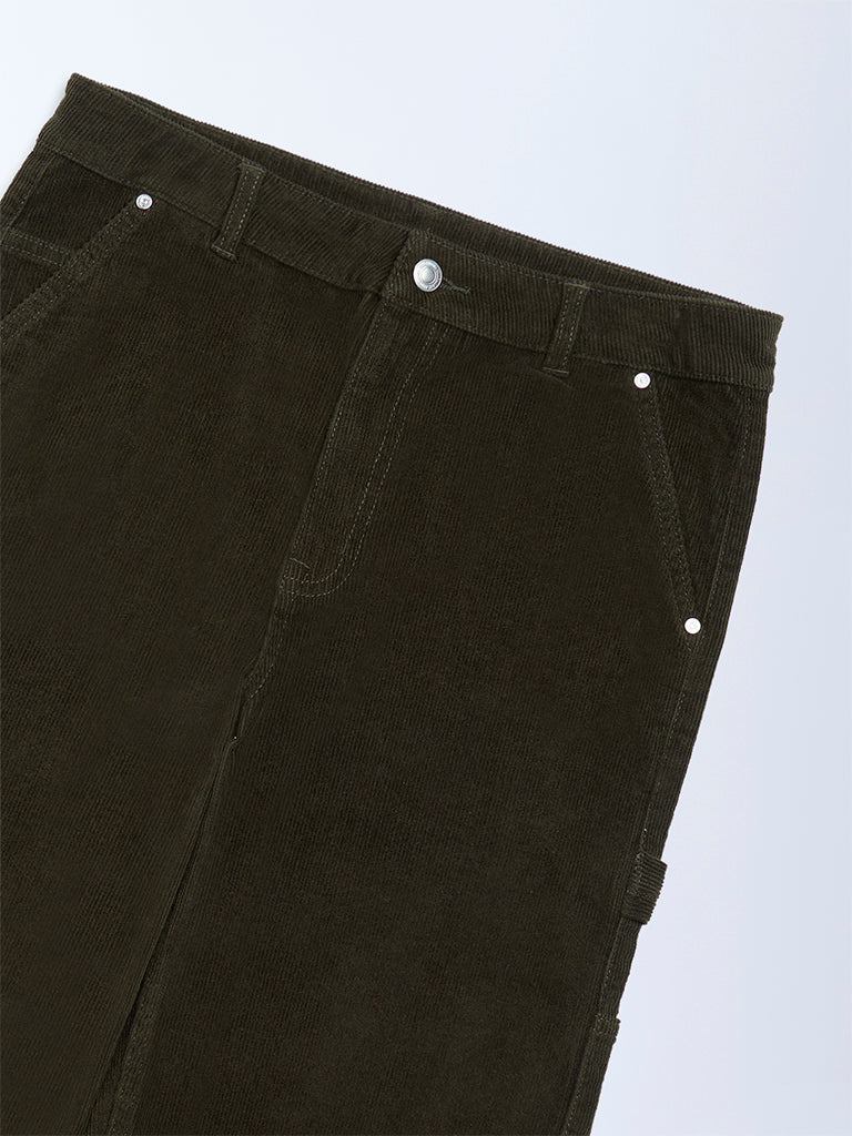 Y&F Kids Boys Olive Relaxed-Fit Mid-Rise Cotton-Blend Trousers