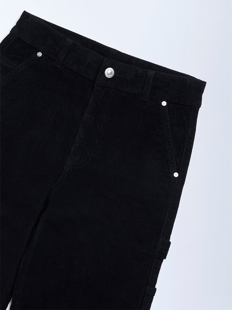 Y&F Kids Boys Black Relaxed-Fit Mid-Rise Corduroy Trousers