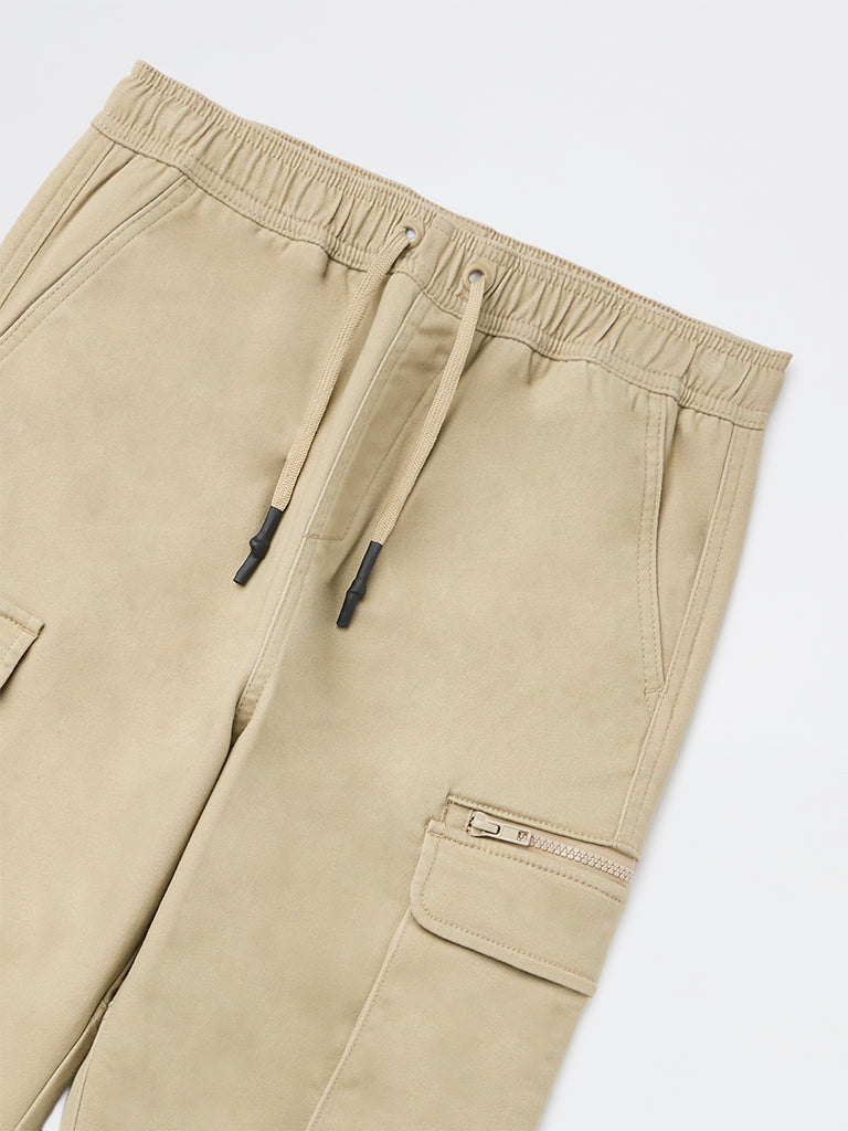 Y&F Kids Boys Beige Cargo-Style Mid-Rise Cotton-Blend Joggers