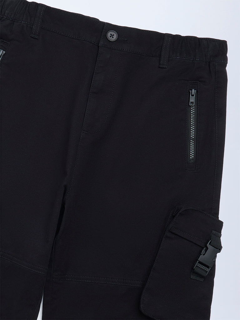 Y&F Kids Boys Black Cargo-Style Mid-Rise Cotton-Blend Trousers