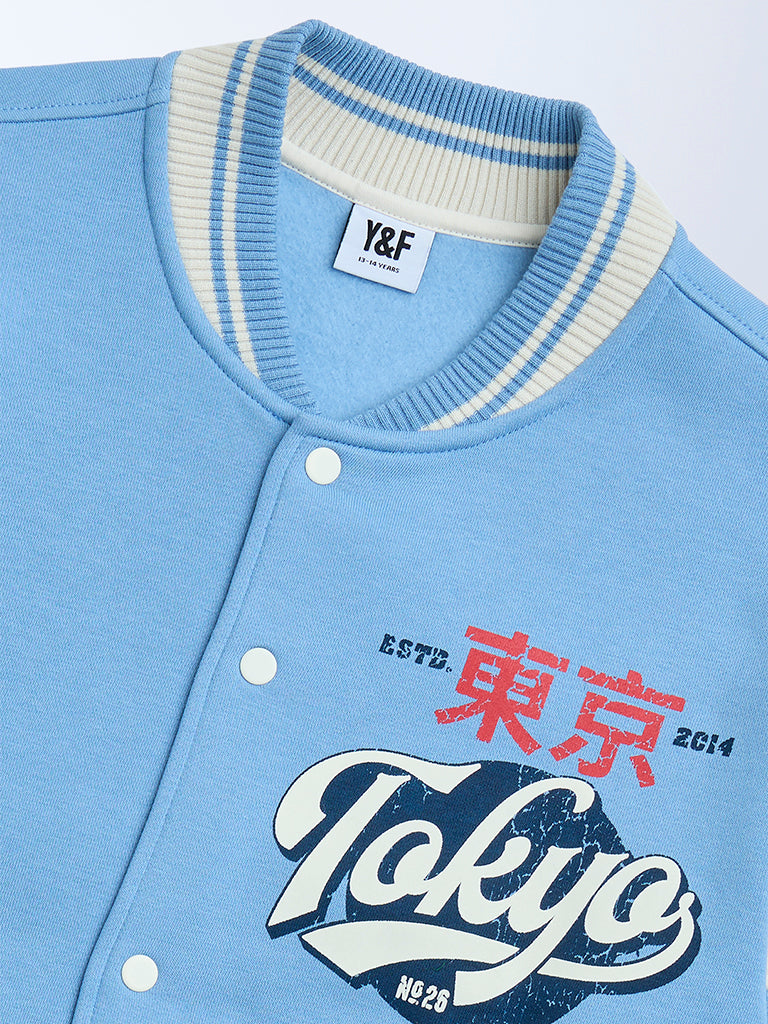 Y&F Kids Boys Blue Text Design Cotton-Blend Varsity Jacket