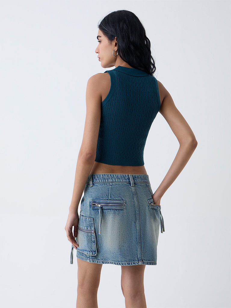 Nuon Dark Teal Cable-Knitted Top