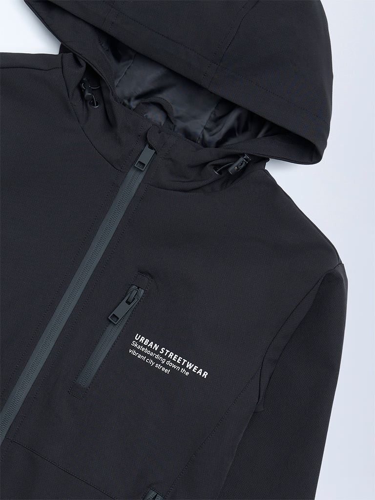 Y&F Kids Boys Black Text Design Hooded Jacket