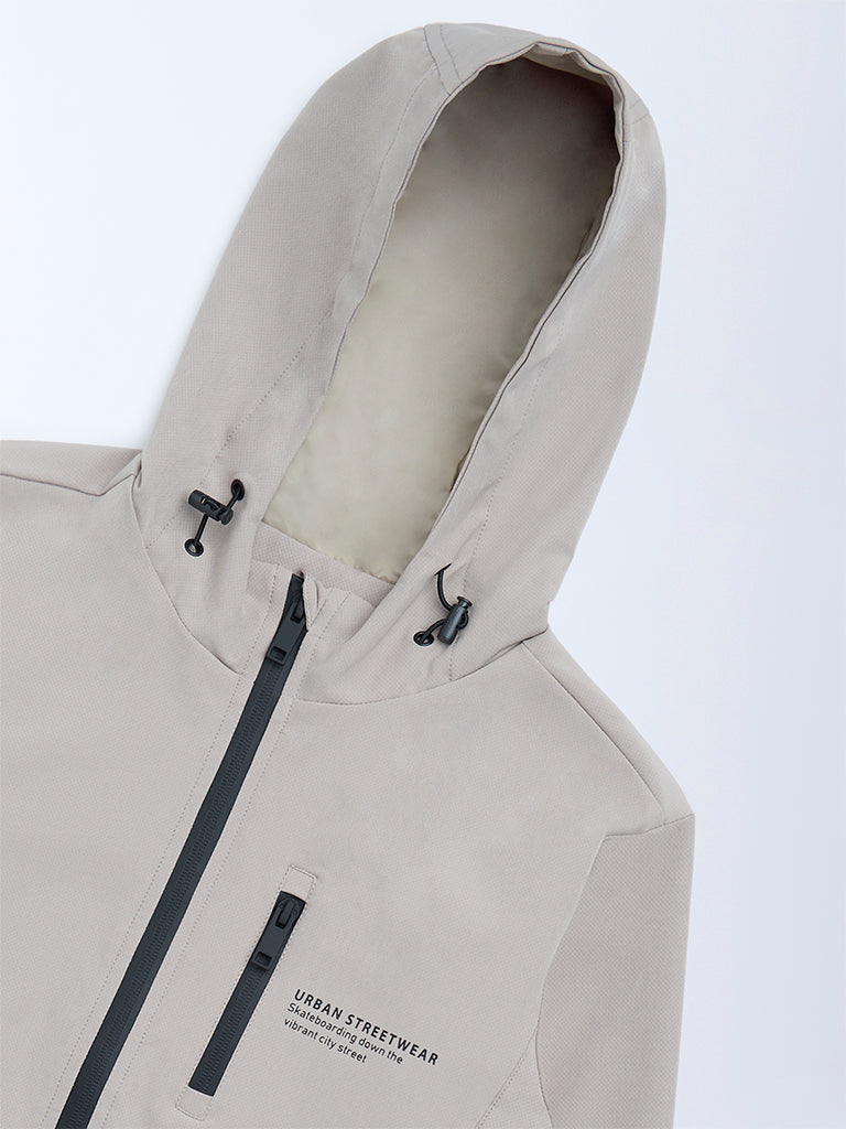 Y&F Kids Boys Beige Text Detailed Hooded Jacket