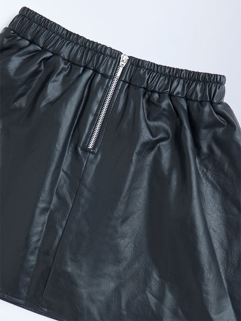 Y&F Kids Girls Black High-Rise Leather Skirt