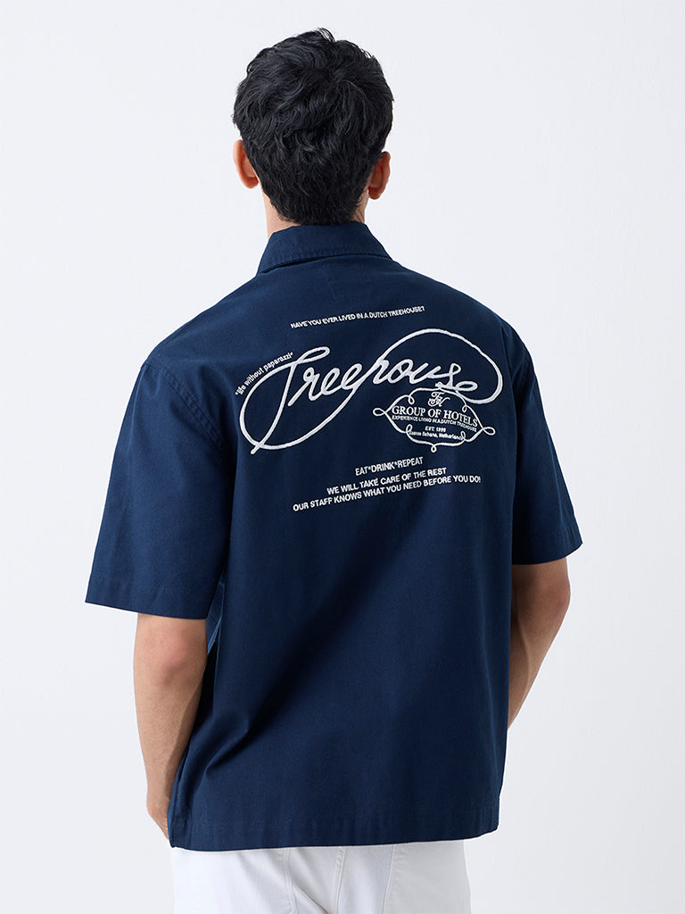 Nuon Navy Text Embroidered Relaxed-Fit Cotton Jacket
