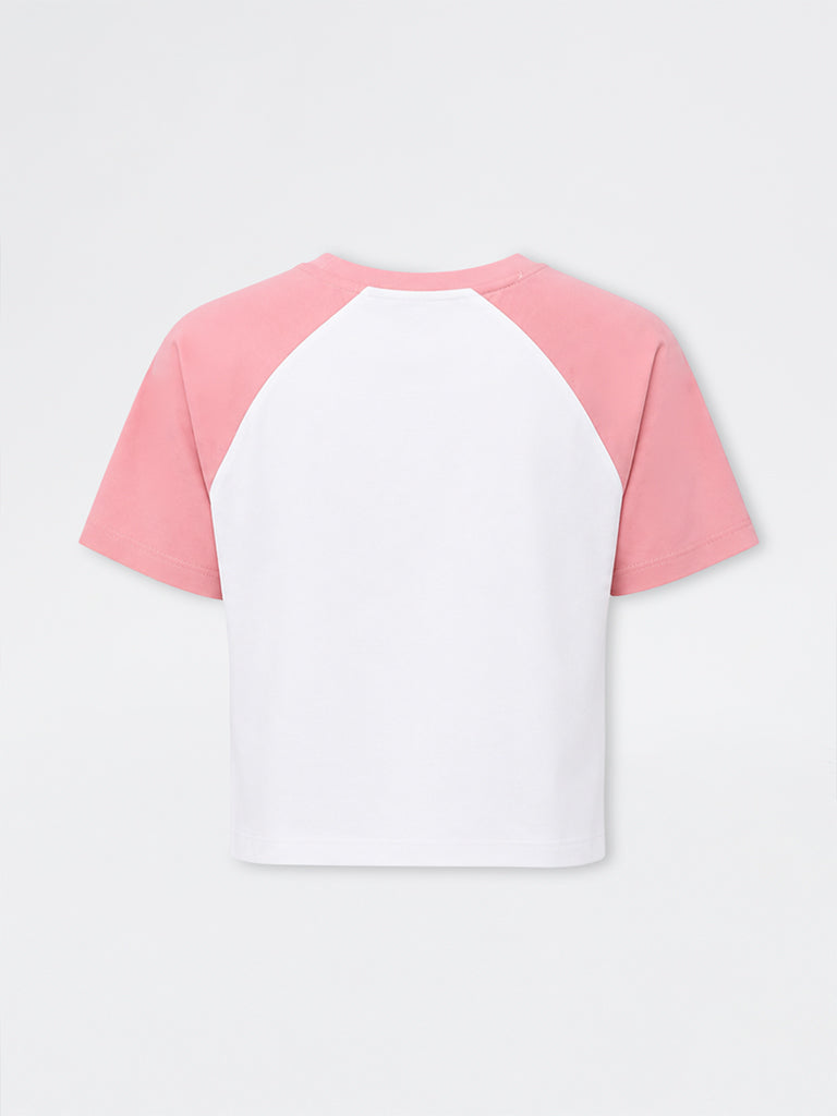 Nuon Pink Text-Printed Colour-Blocked Cotton T-Shirt
