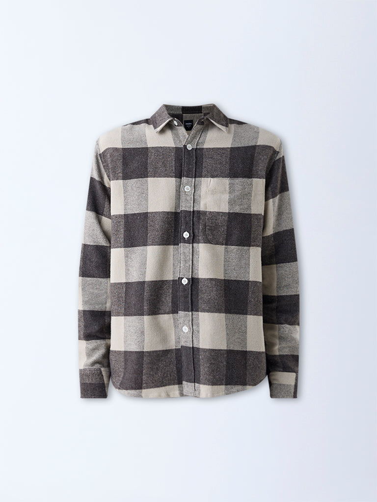 Nuon Brown Checks Printed Relaxed-Fit Cotton Shirt