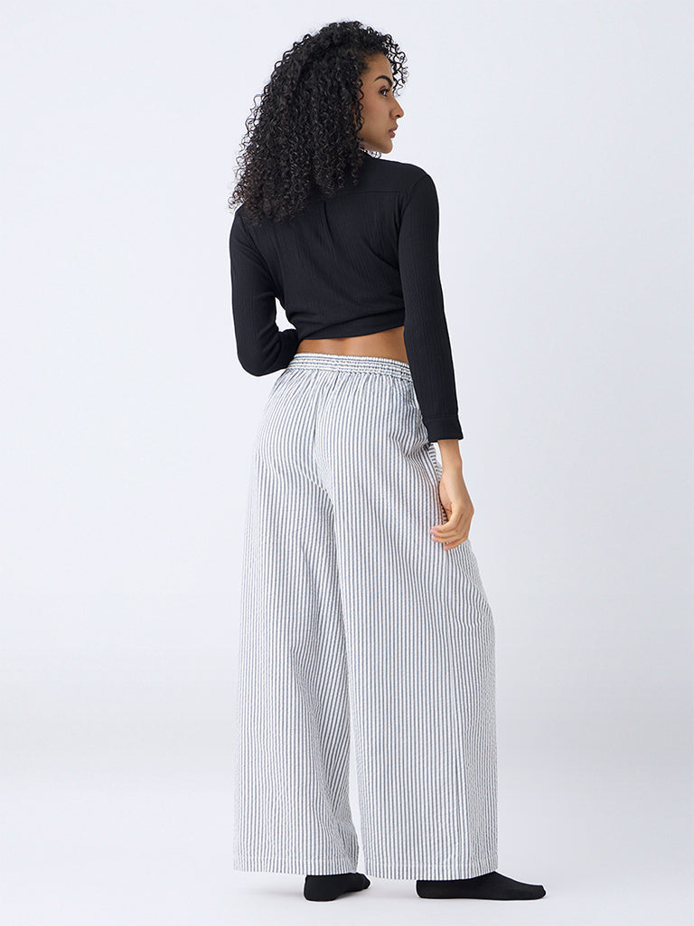 Wunderlove Black Striped Wide-Leg High-Rise Cotton Pants