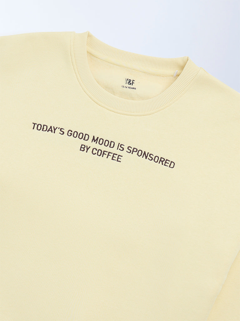 Y&F Kids Girls Yellow Typographic Cotton Sweatshirt