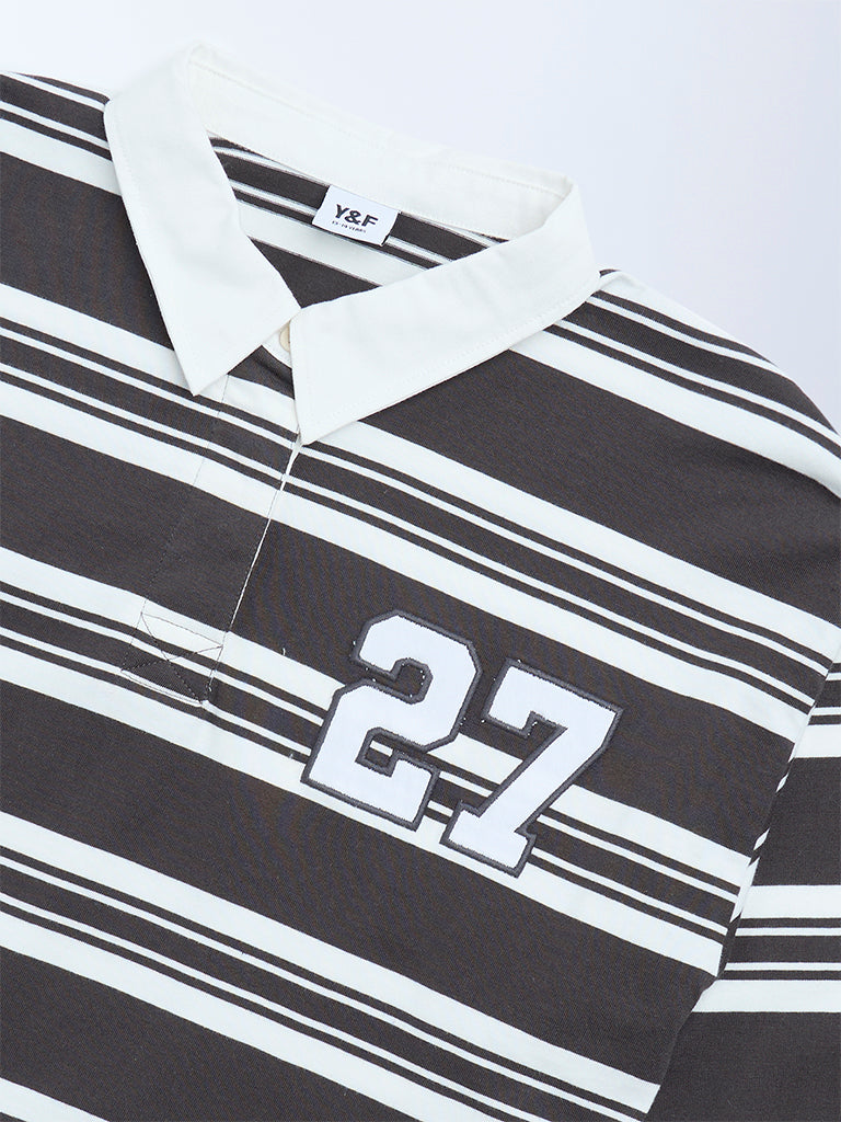 Y&F Kids Girls Charcoal Striped Cotton Polo T-Shirt