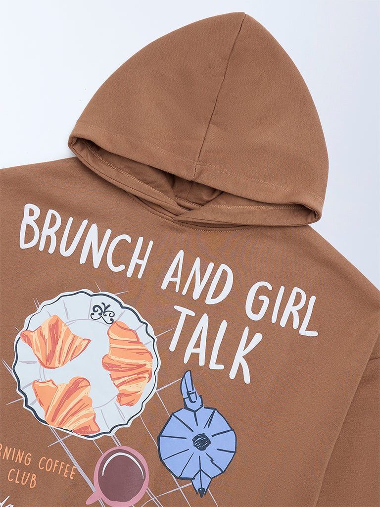 Y&F Kids Girls Brown Printed Cotton-Blend Hoodie
