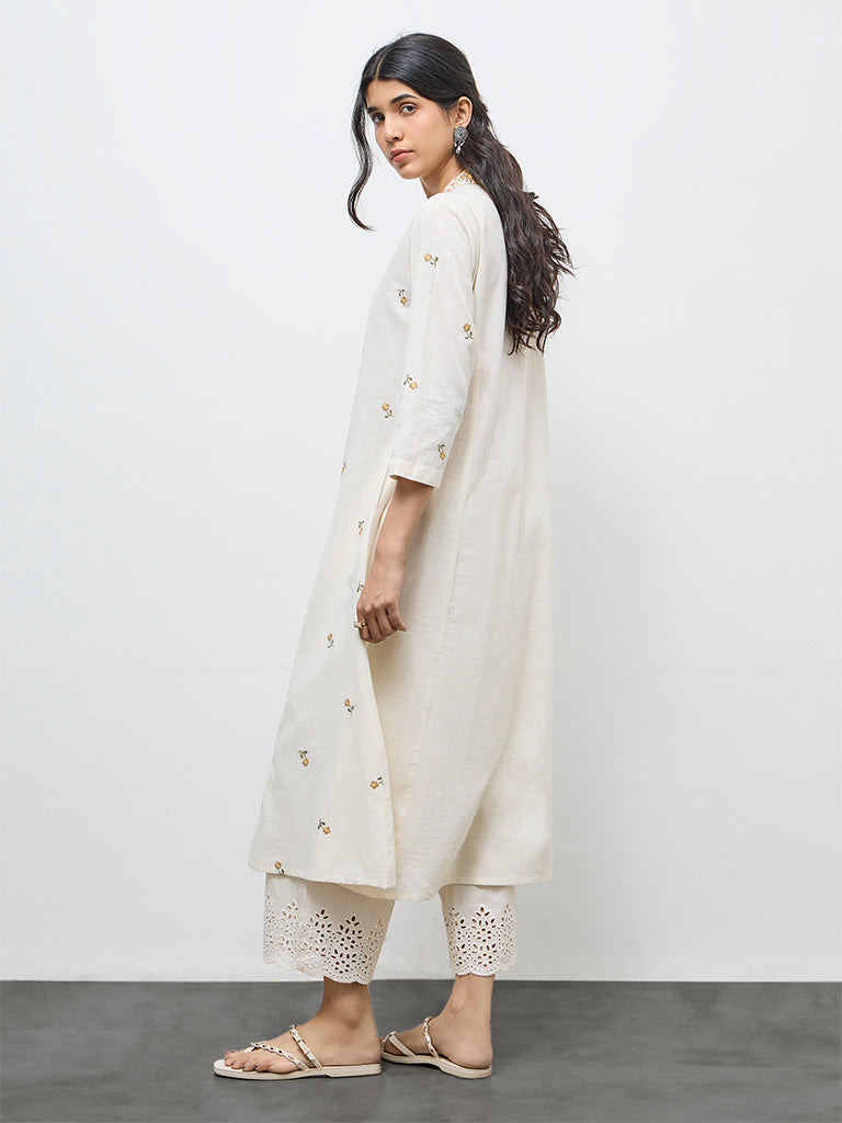 Utsa Off-White Floral Embroidered Cotton A-Line Kurta