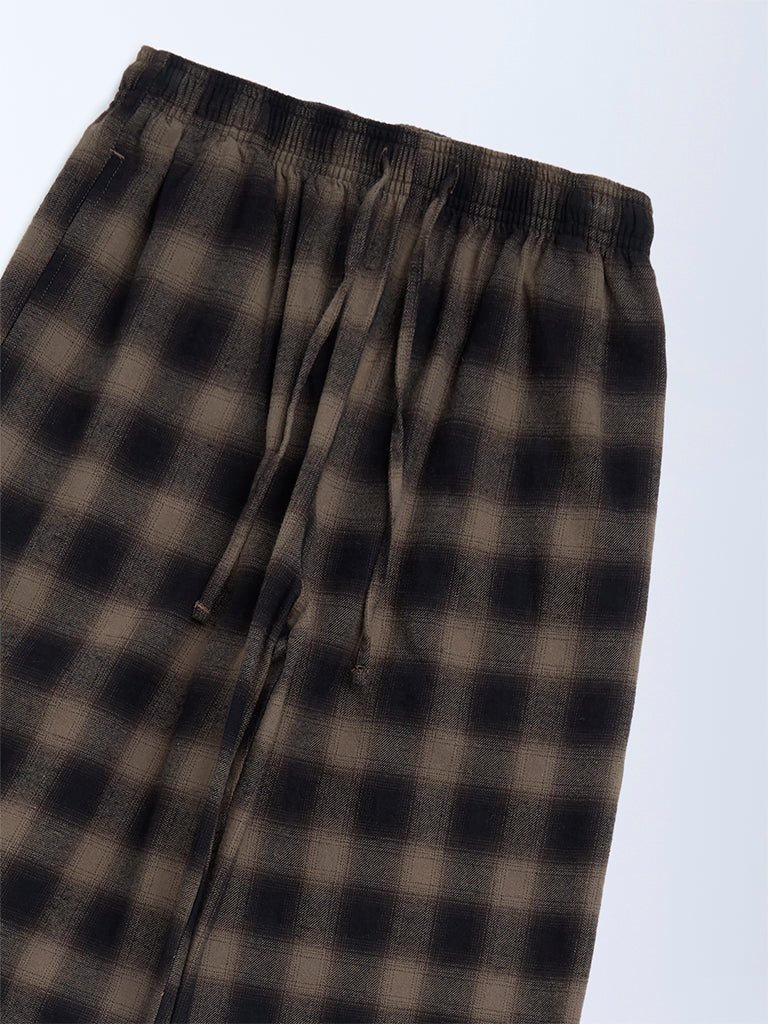 Y&F Kids Girls Brown Checks Pattern Mid-Rise Cotton Trousers