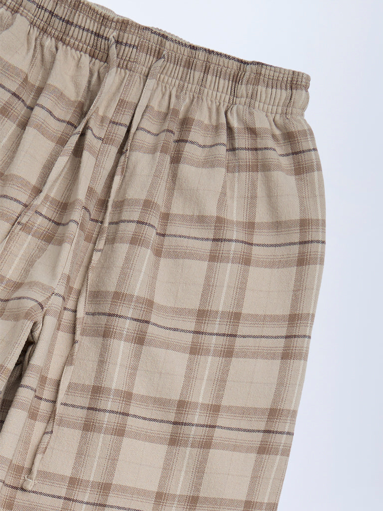 Y&F Kids Girls Beige Check Pattern High-Rise Cotton Pyjamas