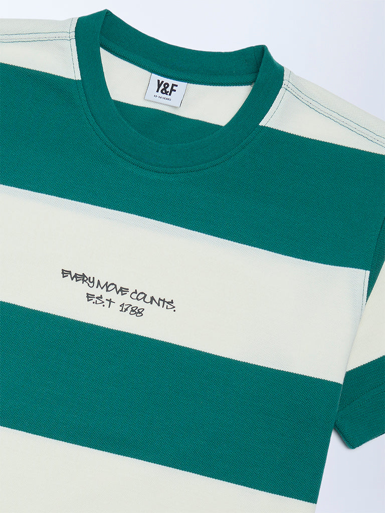 Y&F Kids Boys Green Striped Cotton-Blend T-Shirt