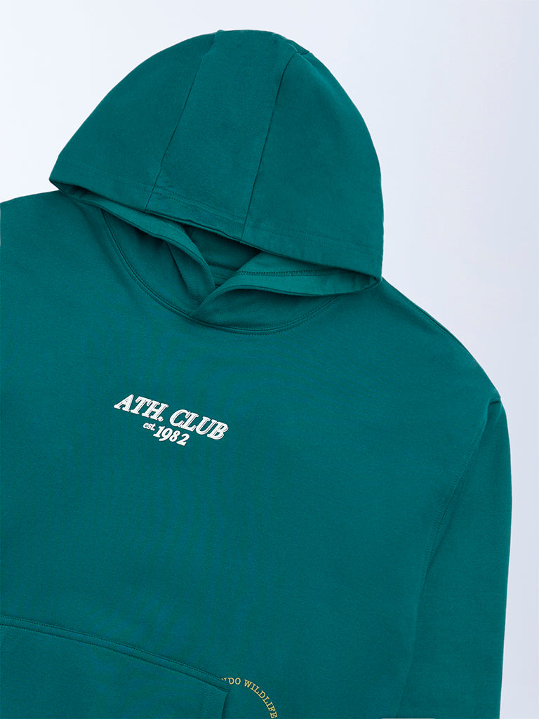 Y&F Kids Boys Teal Text Printed Cotton Hoodie