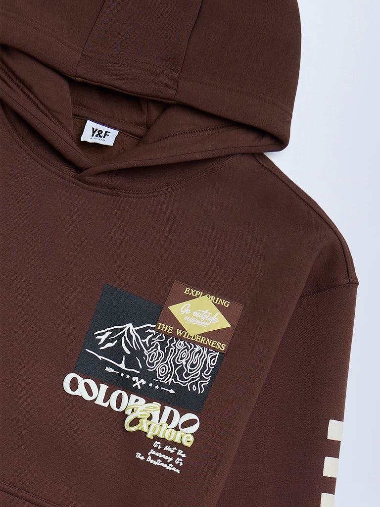 Y&F Kids Boys Dark Brown Printed Cotton-Blend Hoodie