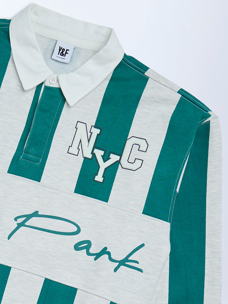 Y&F Kids Boys Green Striped Cotton-Blend Sweatshirt
