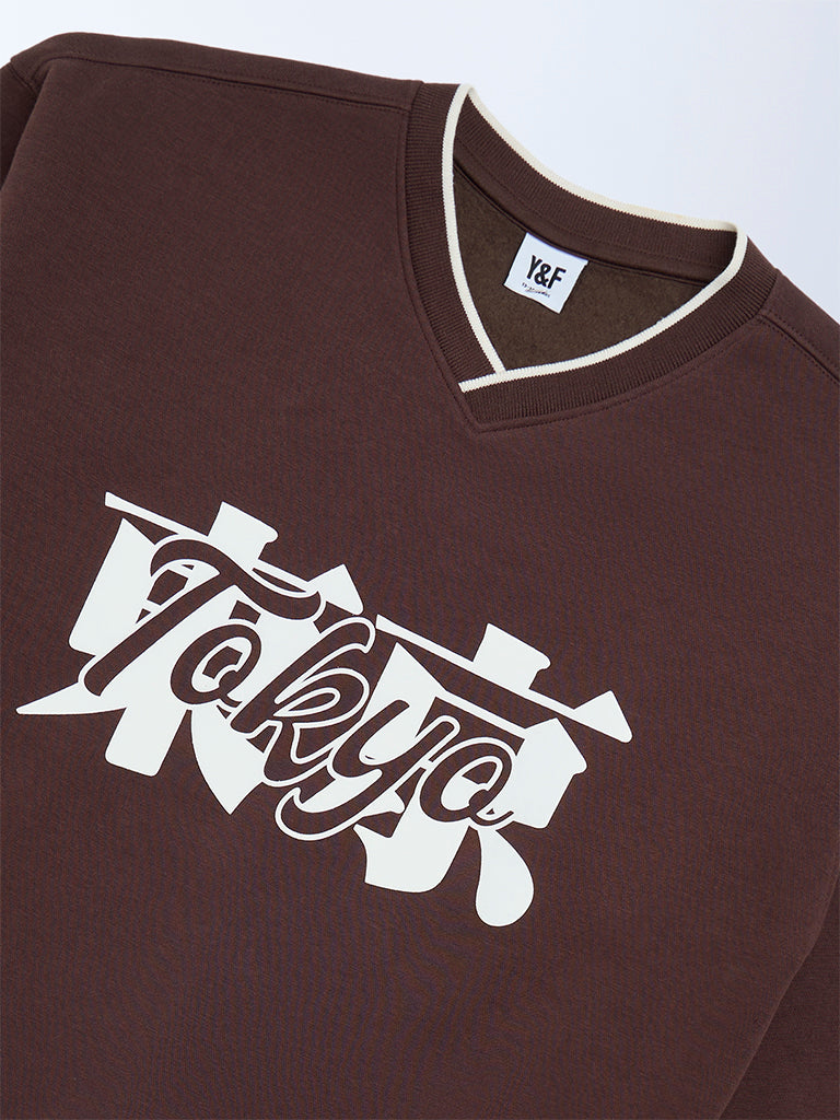 Y&F Kids Boys Brown Typographic Cotton-Blend Sweatshirt