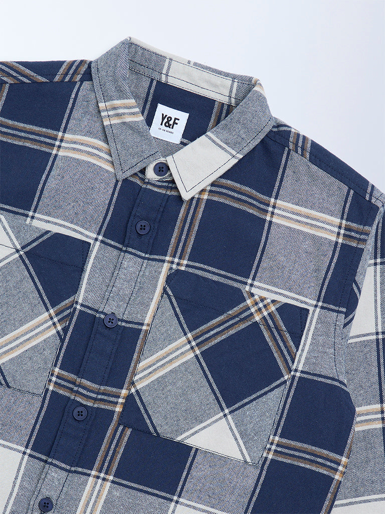 Y&F Kids Boys Navy Checks Printed Cotton Shirt