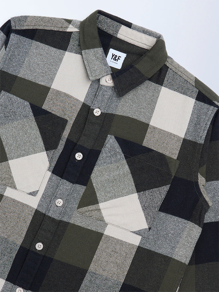 Y&F Kids Boys Olive Checks Design Cotton Shirt