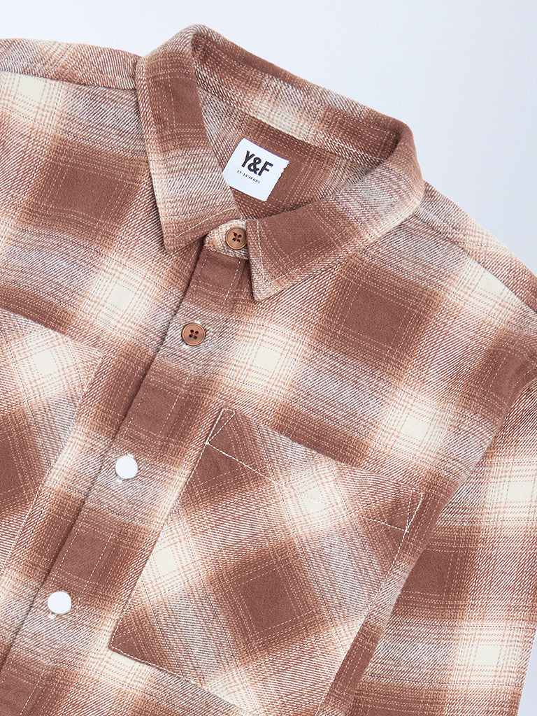 Y&F Kids Boys Brown Checkered Cotton Shirt