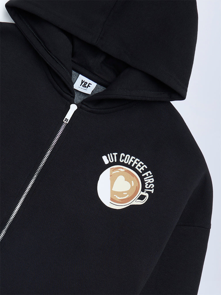 Y&F Kids Girls Black Printed Cotton-Blend Hoodie