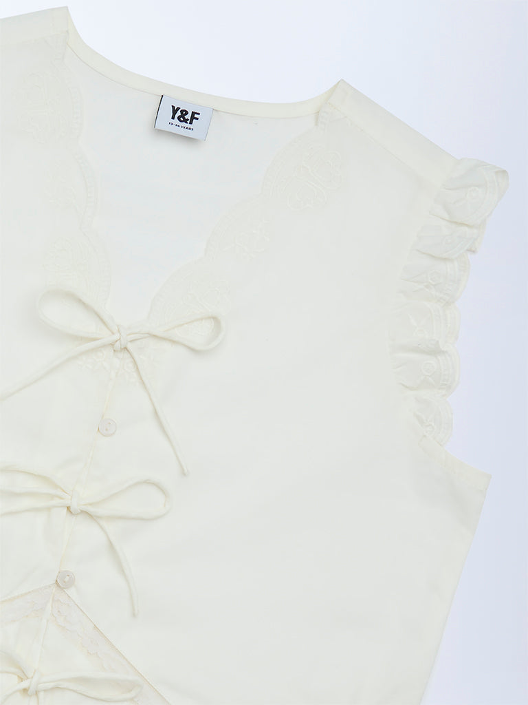 Y&F Kids Girls Off-White Bow-Detailed Cotton Top