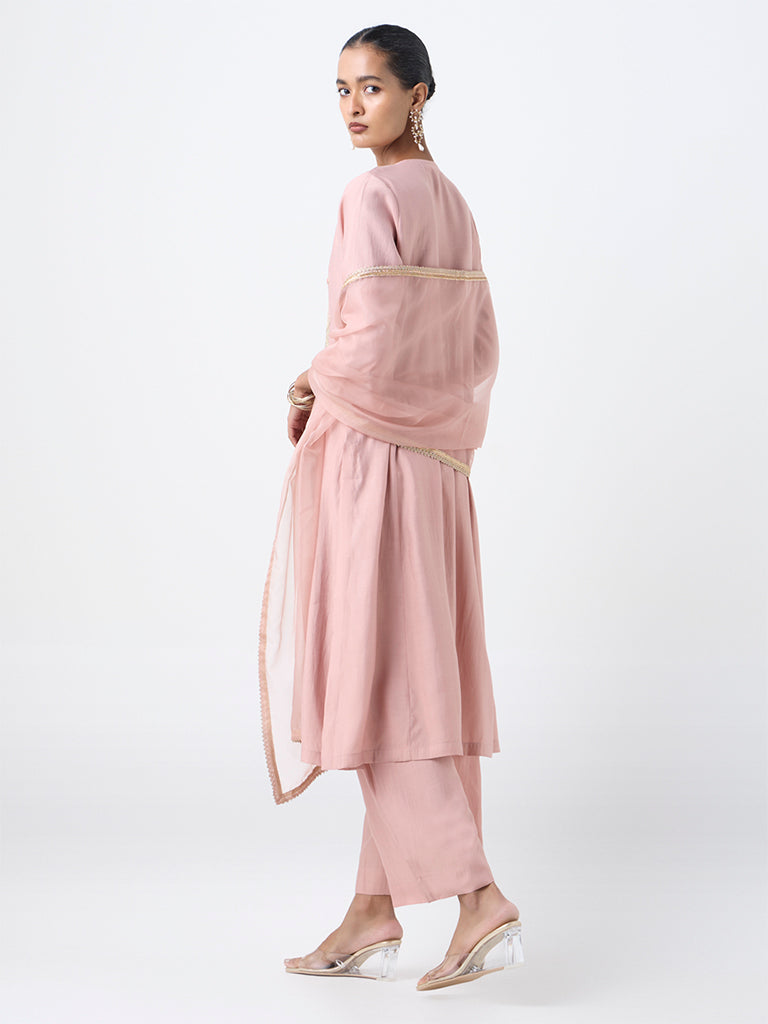 Vark Blush Pink Floral Embroidered A-Line Cotton-Blend Ethnic Set