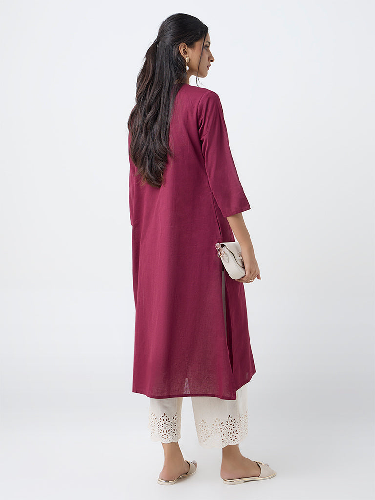 Utsa Plum Paisley Embroidered Cotton-Blend A-Line Kurta