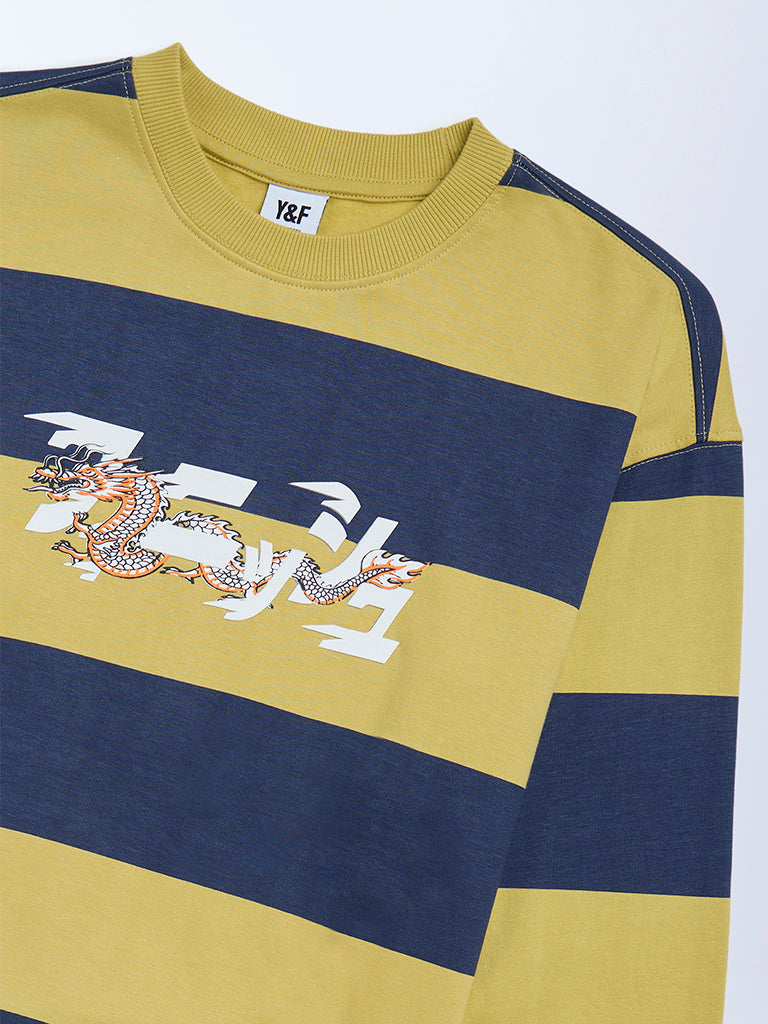 Y&F Kids Boys Olive Striped Cotton Sweatshirt