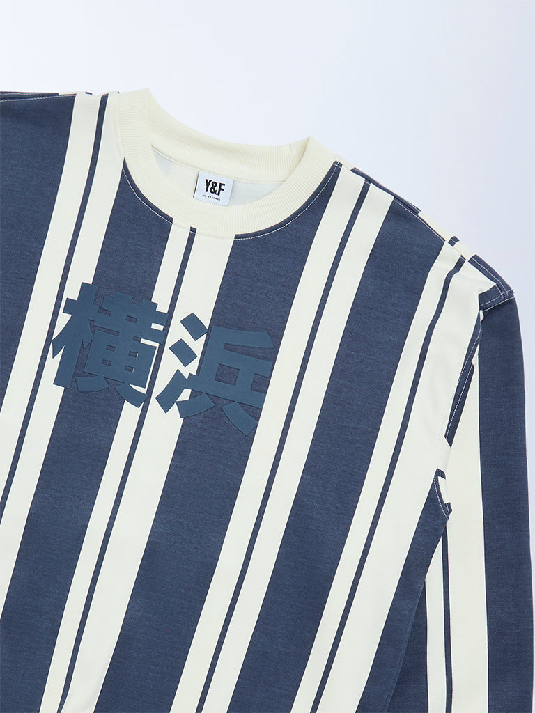 Y&F Kids Boys Dusty Blue Striped Cotton-Blend Sweatshirt