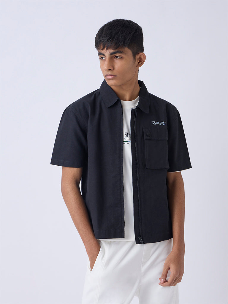 Y&F Kids Boys Black Typographic Resort-Fit Shirt