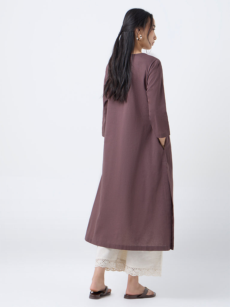 Utsa Brown Floral Embroidered Cotton-Blend A-Line Kurta