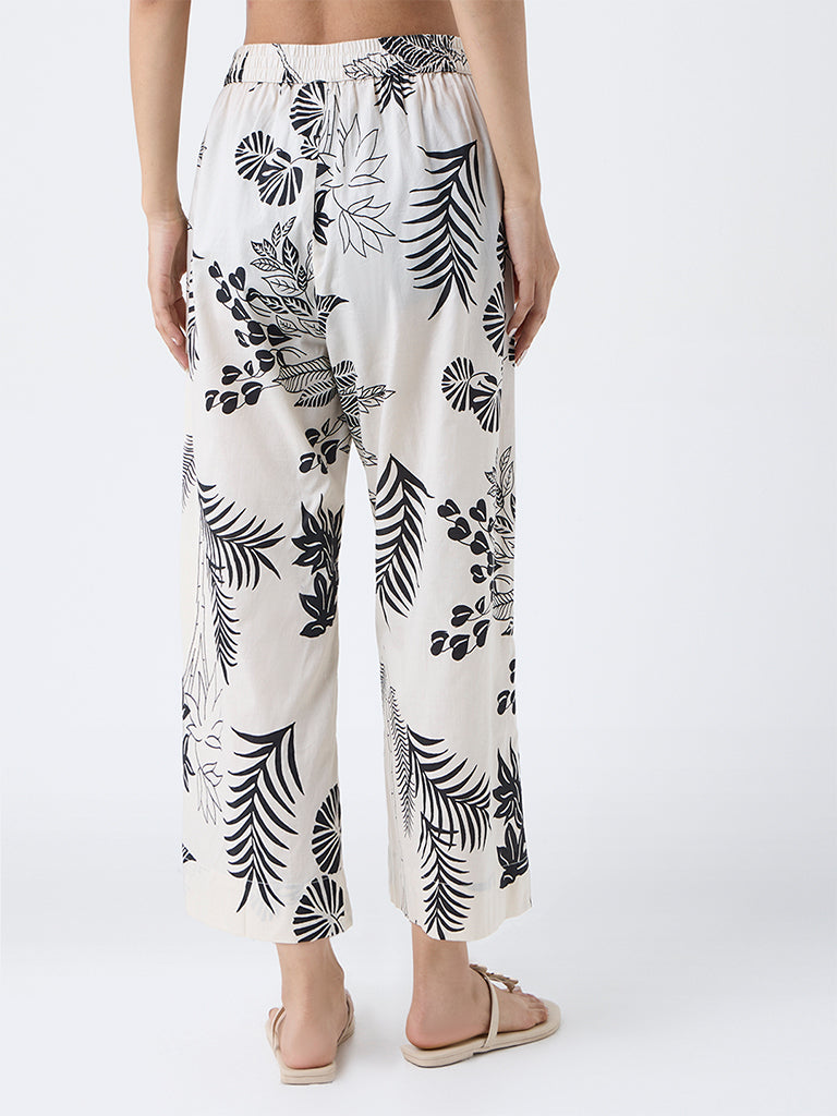 Utsa Off-White Foliage Printed Cotton Ethnic Pants