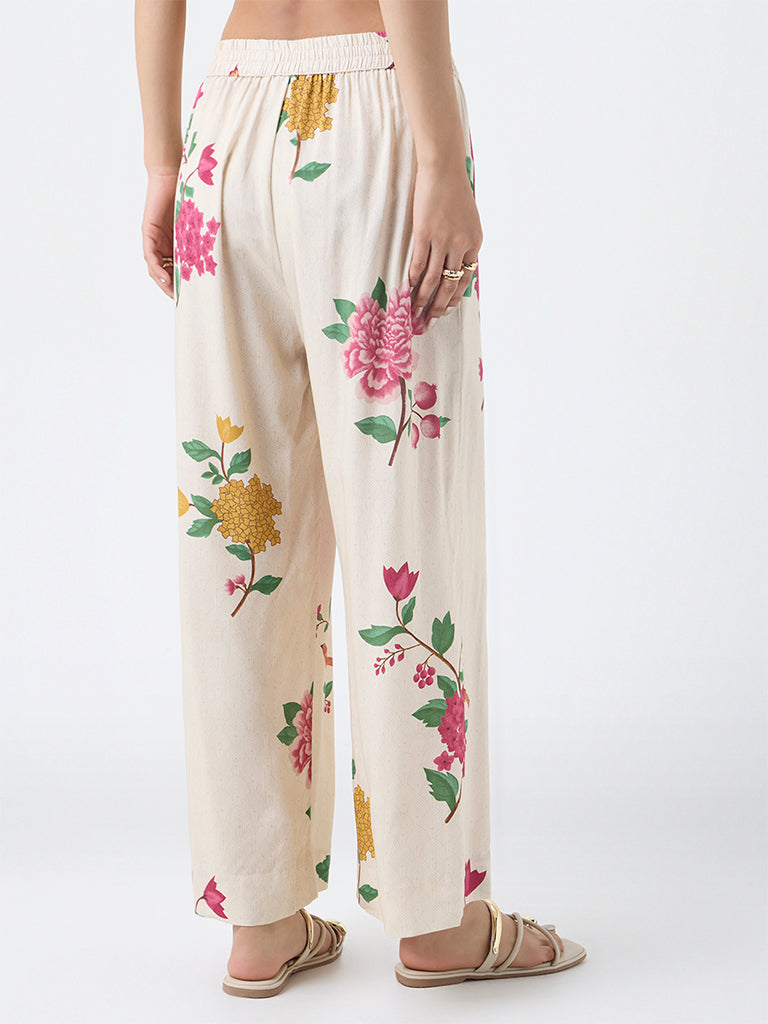 Utsa Cream Botanical Design Pants