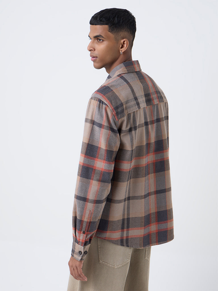 Nuon Brown Checkered Relaxed-Fit Cotton-Blend Shirt