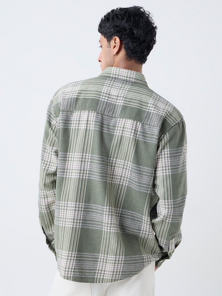 Nuon Green Checkered Relaxed-Fit Cotton Shirt