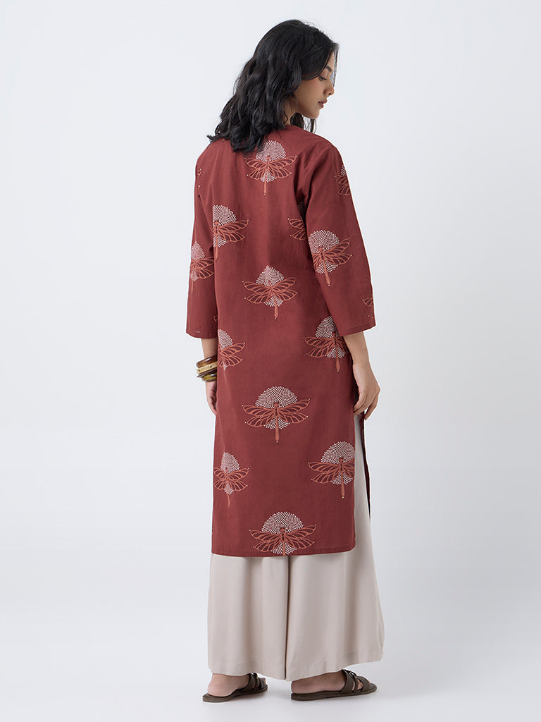 Utsa Brown Dragonfly Print Straight Cotton Kurta