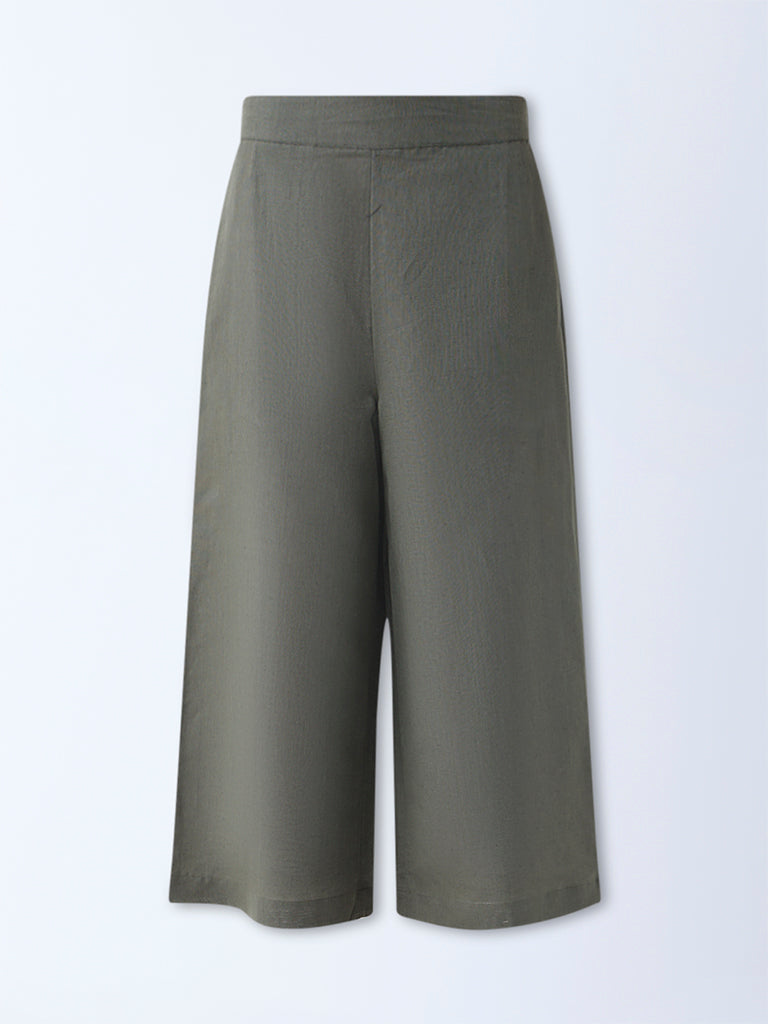 Zuba Olive Solid Linen-Blend Ethnic Pants