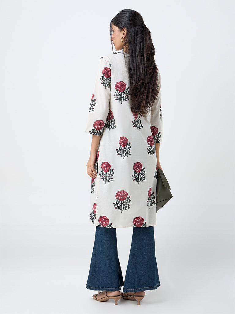 Utsa Off-White Floral Butta Print Cotton Straight Kurta