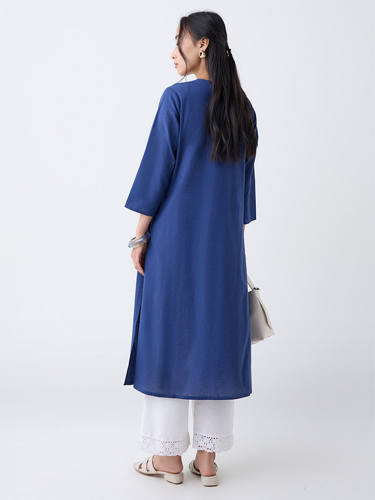 Utsa Indigo Floral Embroidered Cotton-Blend A-Line Kurta